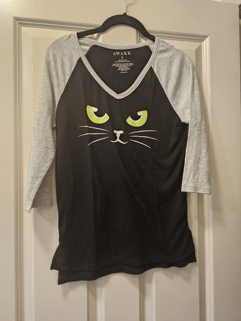 Awake Black Cat Face Raglan Tee with Gray Sleeves